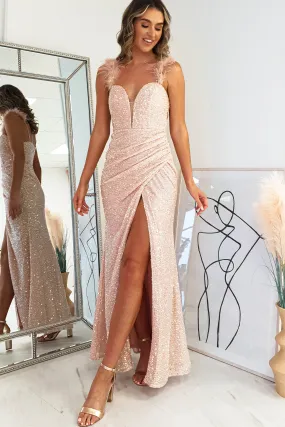 Prose Sequin Feather Detail Gown | Blush