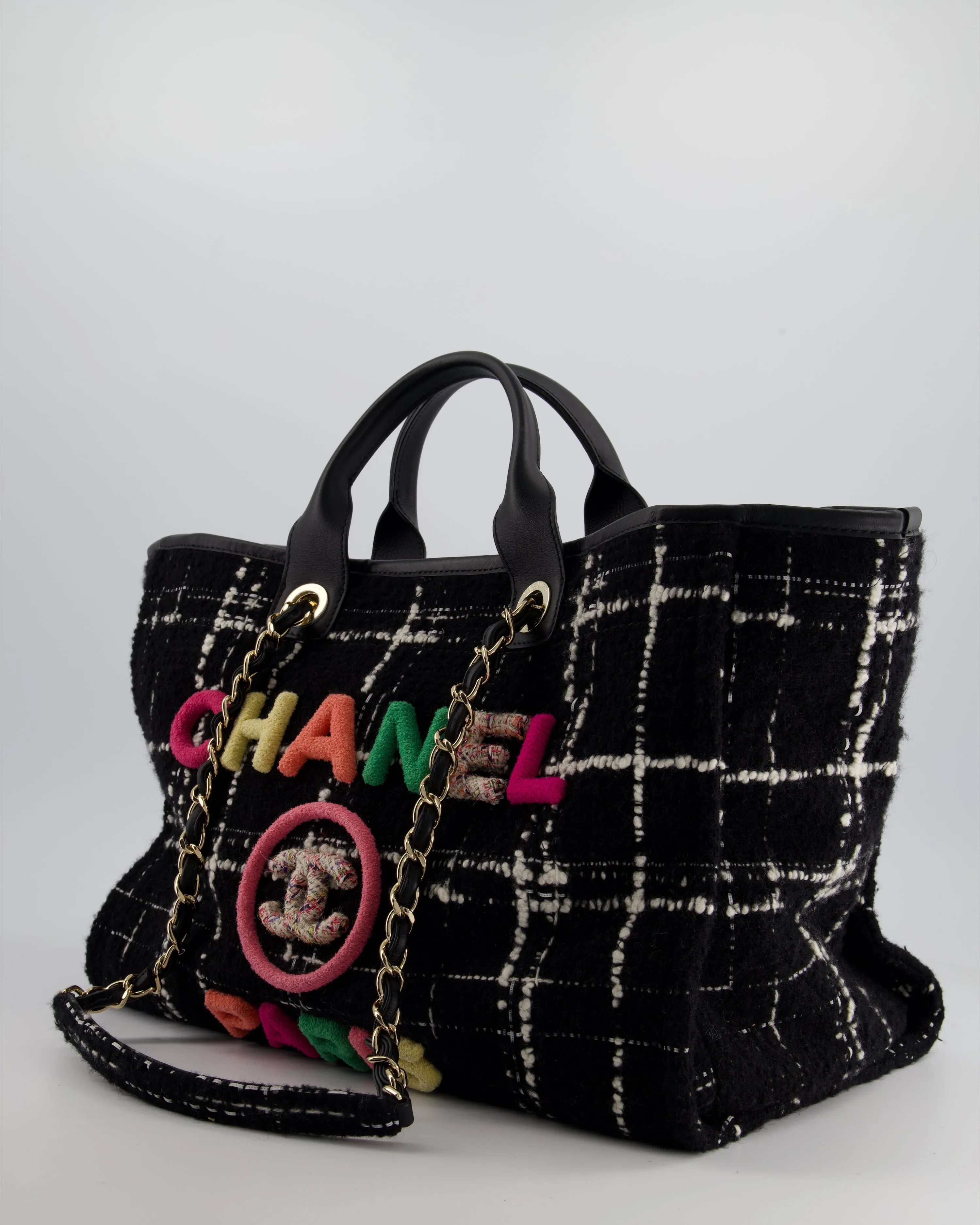 *RUNWAY PIECE* Chanel Fall / Winter 2022 Medium Black and White Wool Deauville Tote Bag with Multicolour Logo and Champagne Gold Hardware