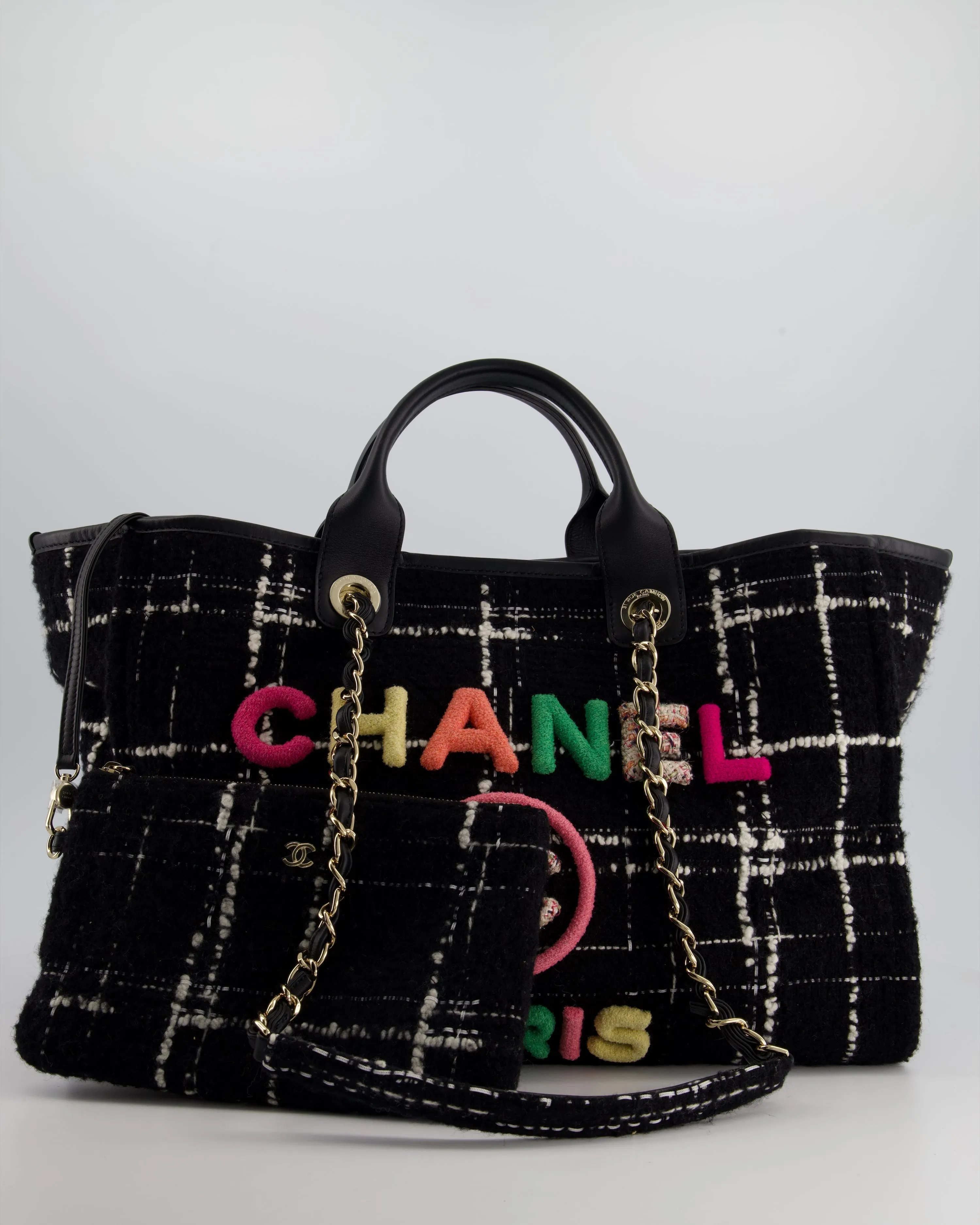 *RUNWAY PIECE* Chanel Fall / Winter 2022 Medium Black and White Wool Deauville Tote Bag with Multicolour Logo and Champagne Gold Hardware