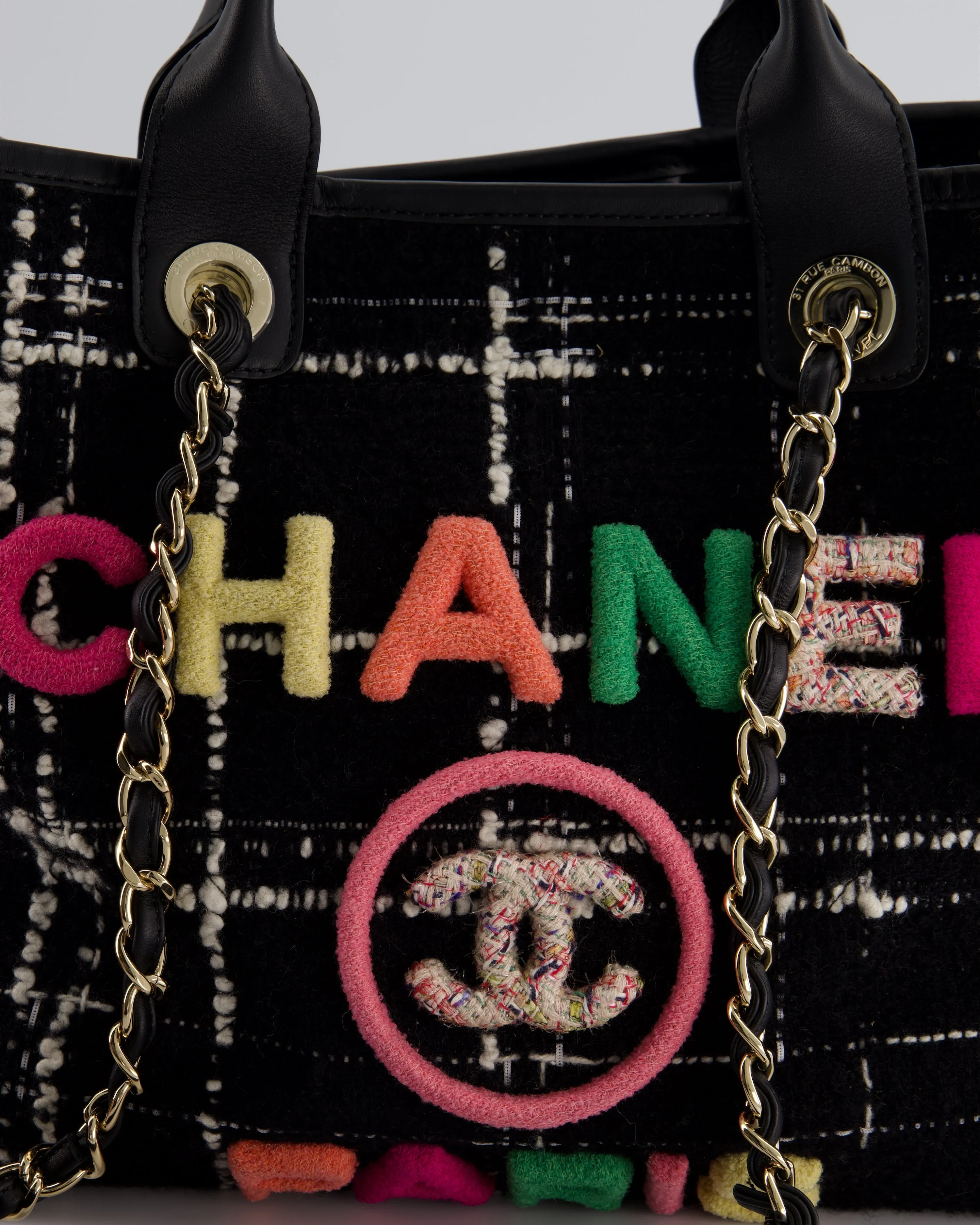 *RUNWAY PIECE* Chanel Fall / Winter 2022 Medium Black and White Wool Deauville Tote Bag with Multicolour Logo and Champagne Gold Hardware