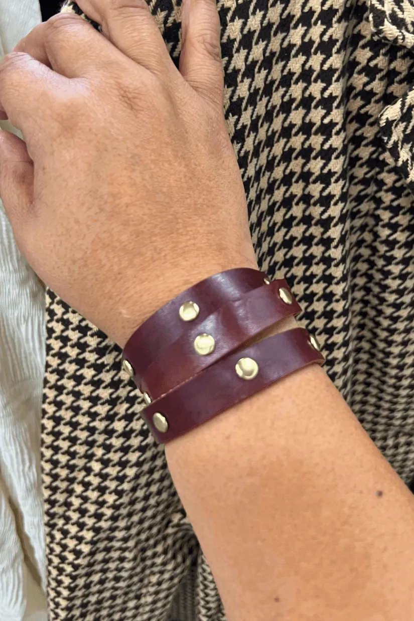 Tri Wrap Studded Leather Bracelet in Saddle   Gold