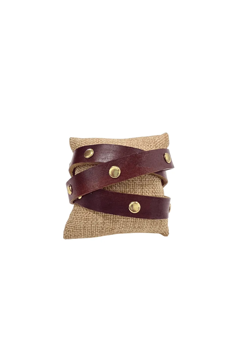 Tri Wrap Studded Leather Bracelet in Saddle   Gold