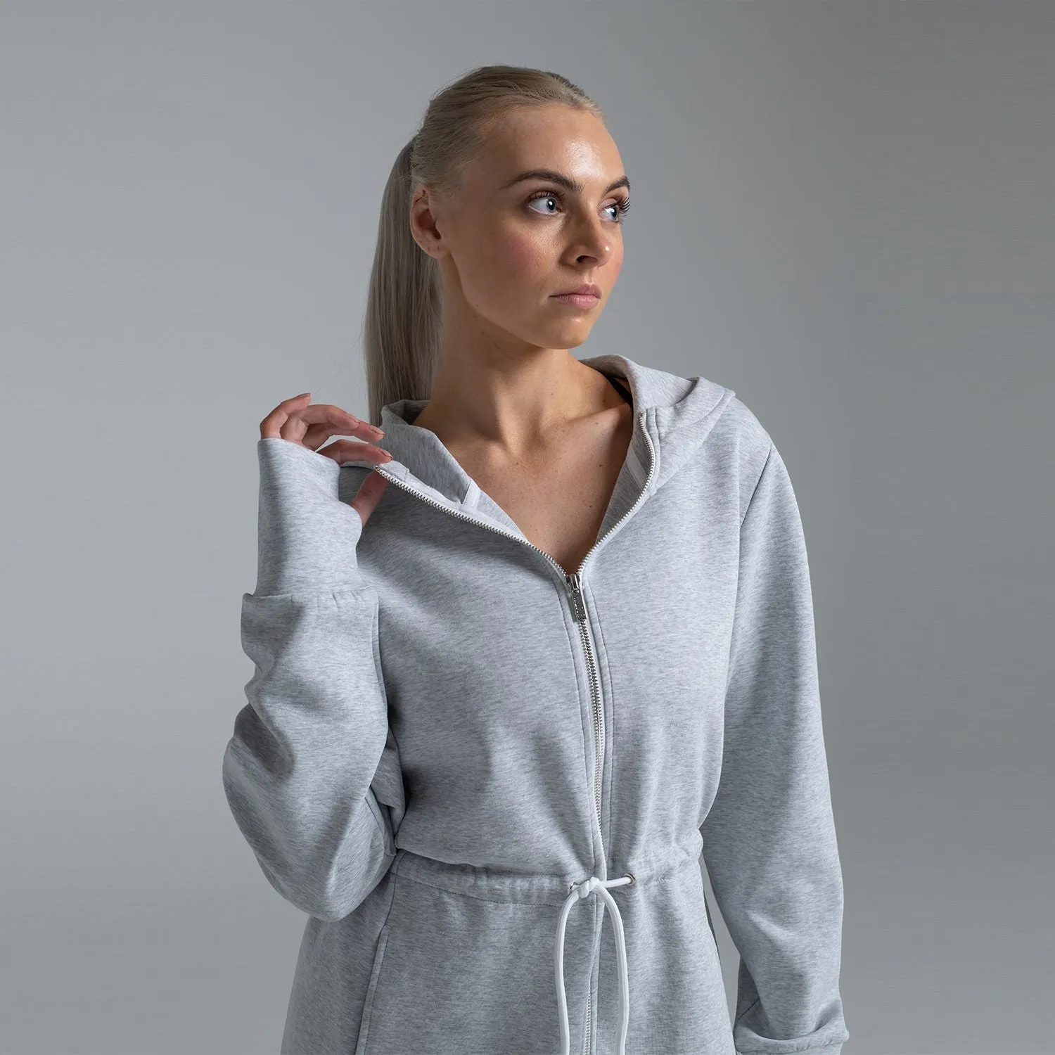 Valour Active Breathe Out Zip Longline Hoodie - Grey Marle