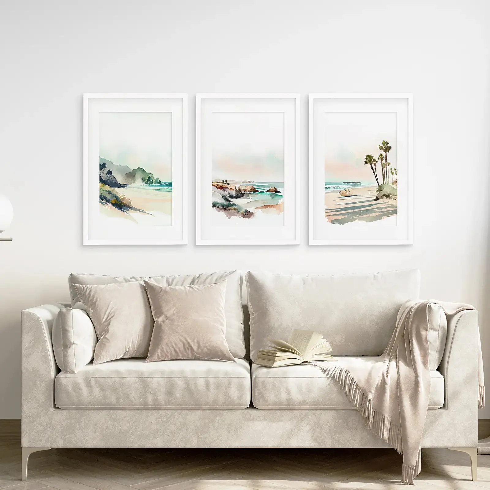 Watercolor Beach Art. Set of 3 Tropical Ocean Scene Decor