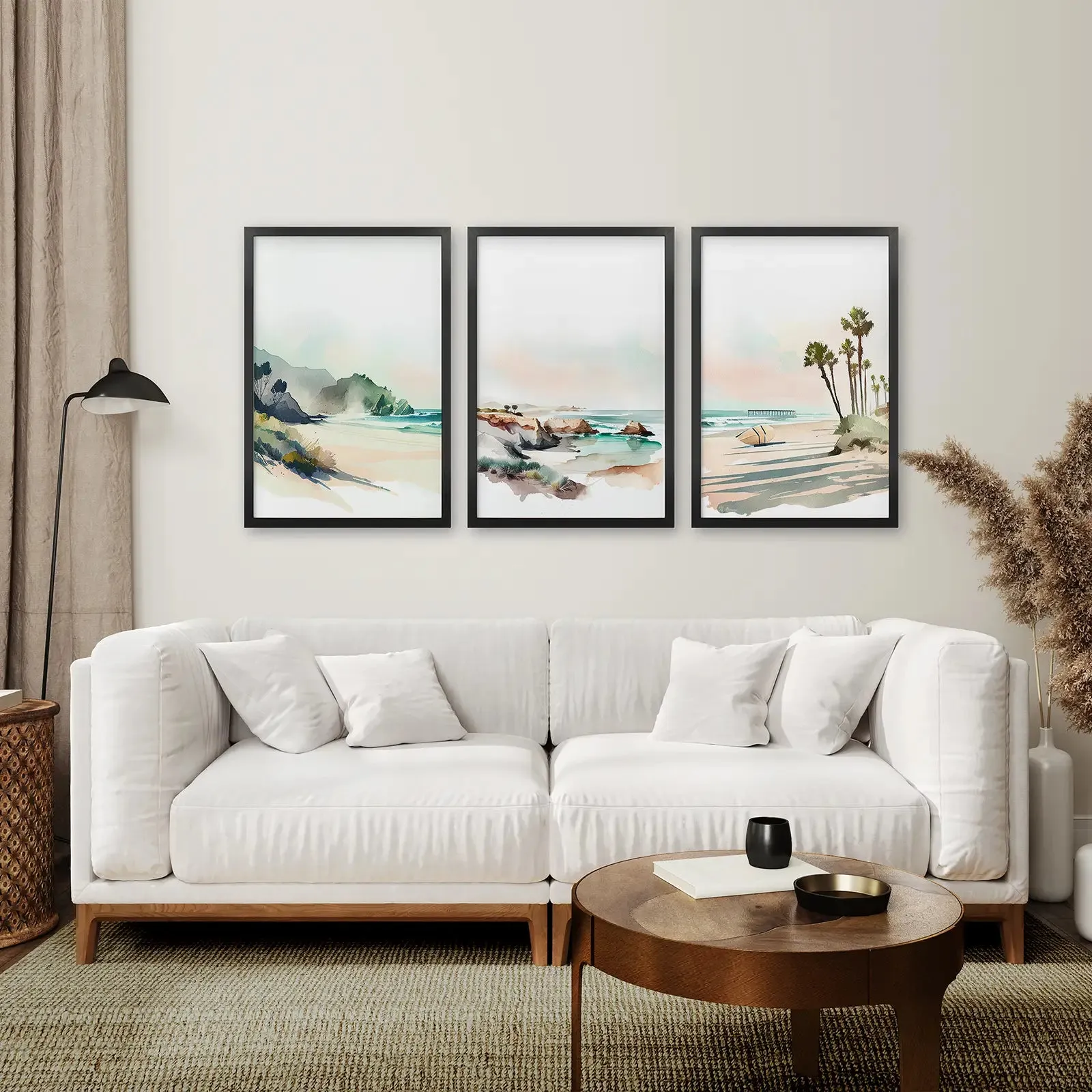 Watercolor Beach Art. Set of 3 Tropical Ocean Scene Decor