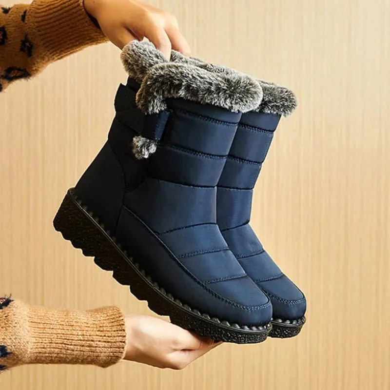 Waterproof Winter Boots for Women - Cozy Plush Lining, Slip-On, Faux Fur, Flat Heel